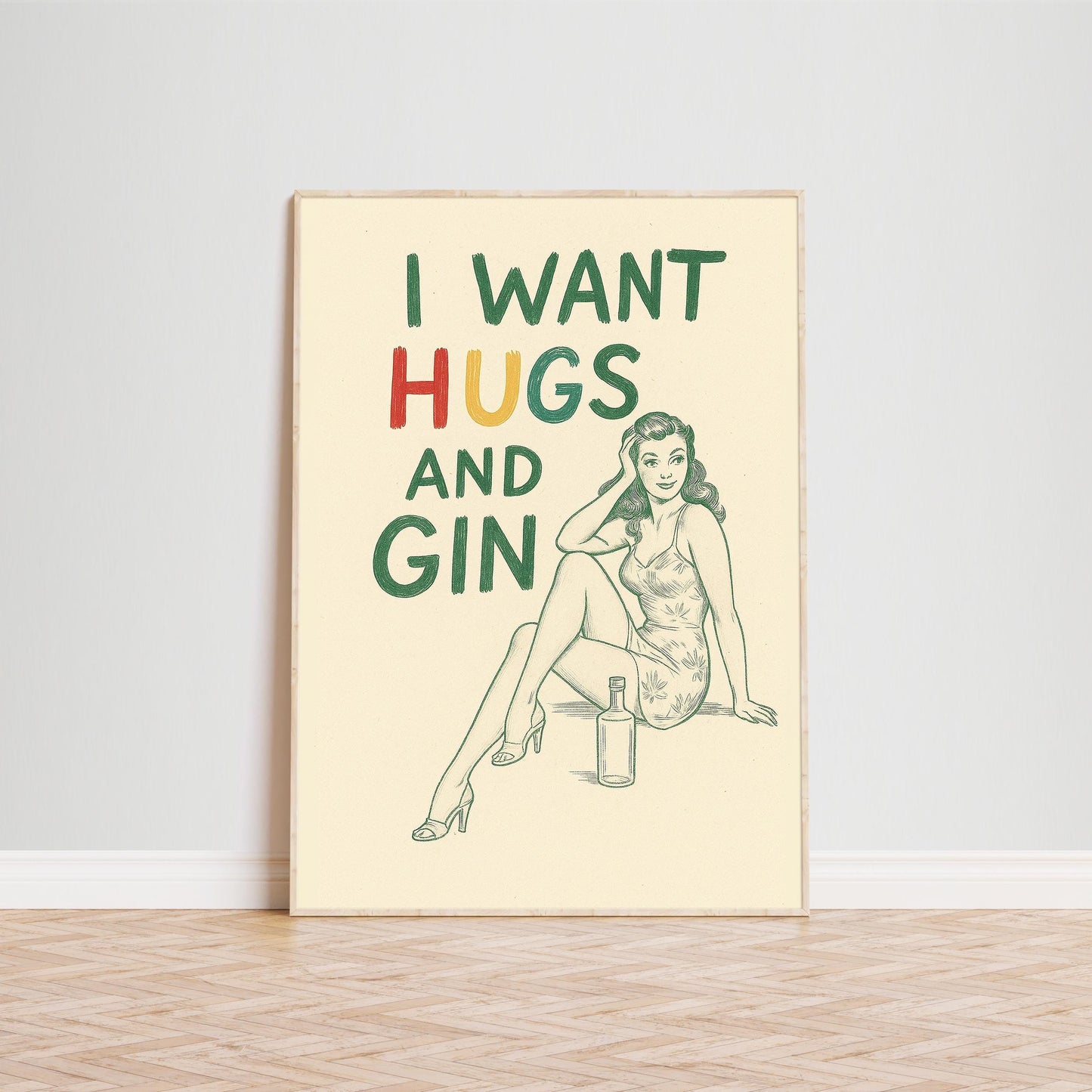 I Want Hugs and Gin Poster – Retro Pin-Up Bar Wall Art