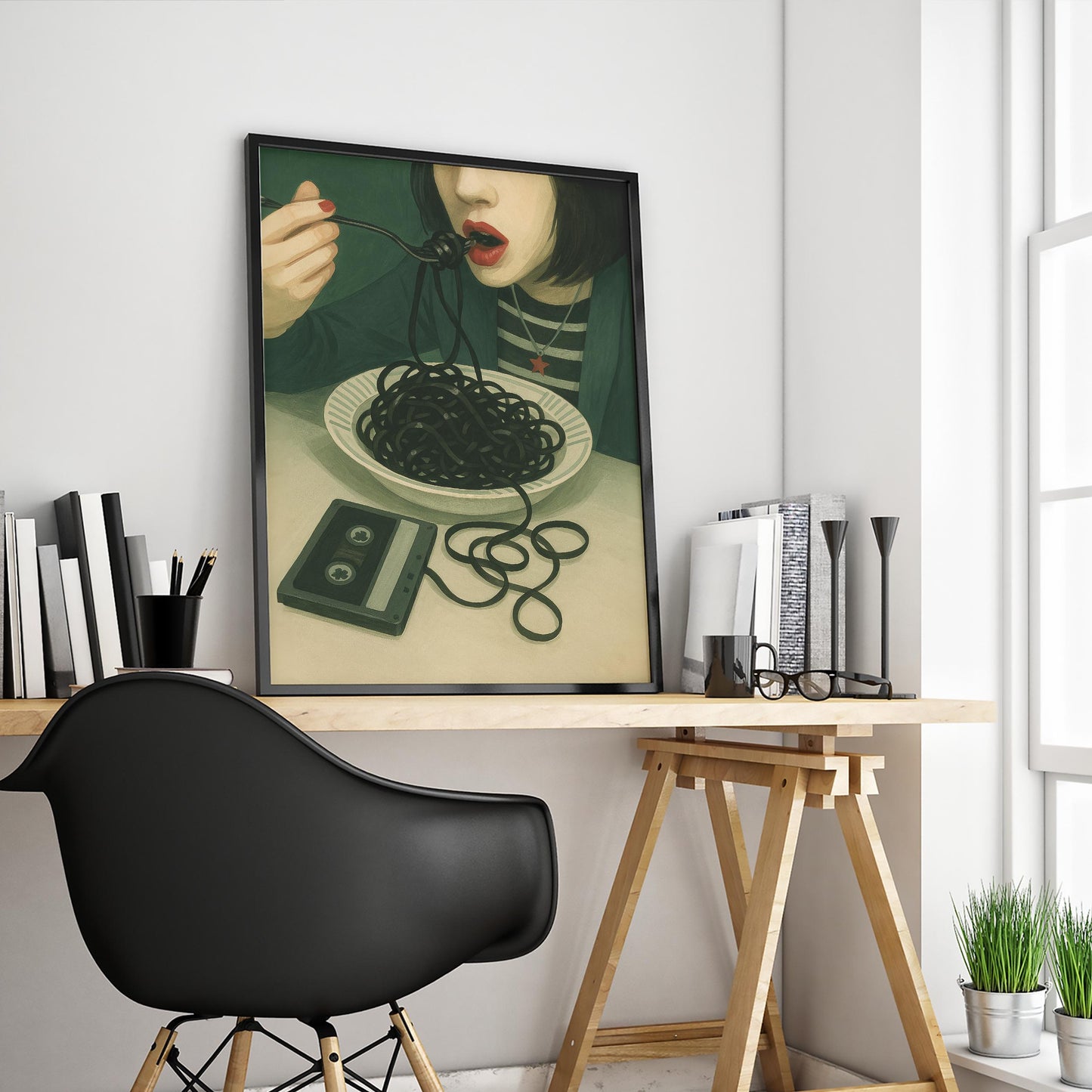 Retro Music Poster – Surreal Art Print With Cassette Tape Noodles & Quirky Wall Decor