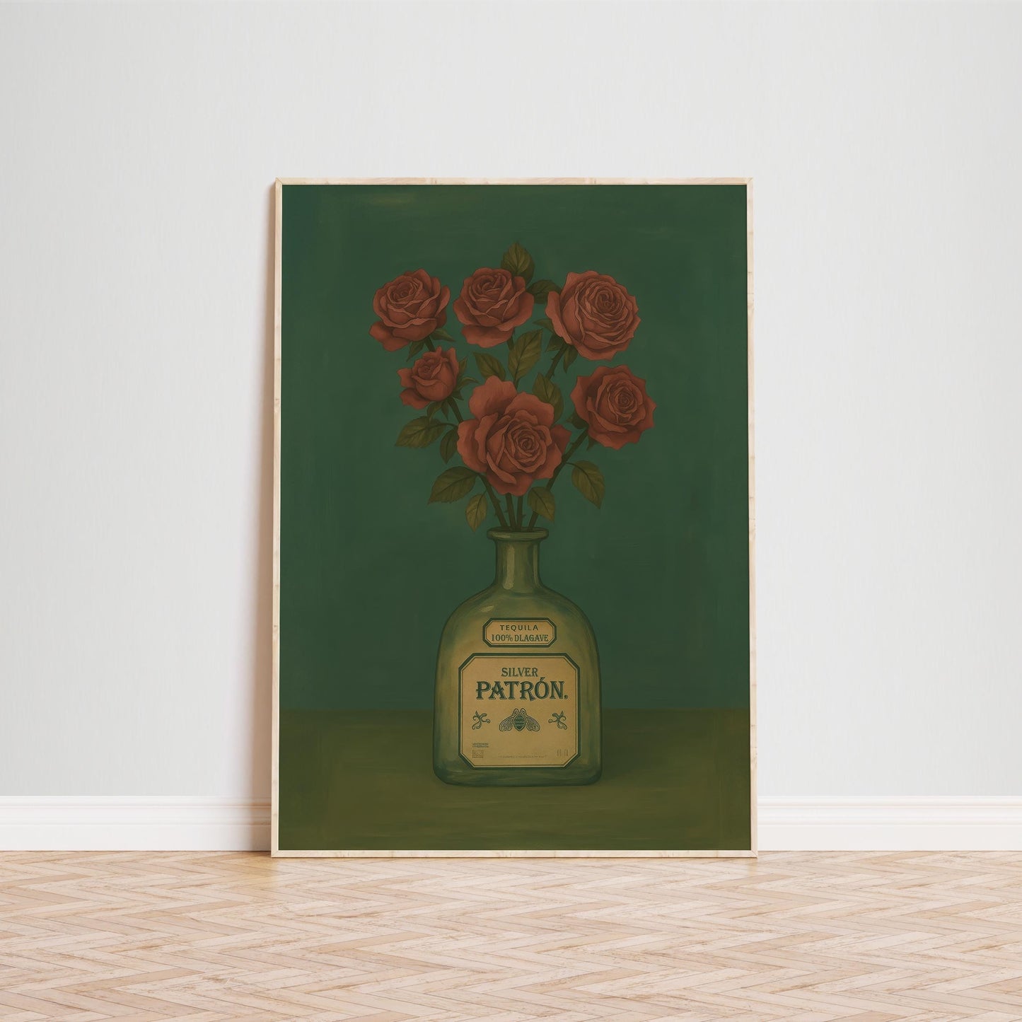 Patron Tequila Wall Art – Vintage Still Life with Red Roses & Rustic Charm Print