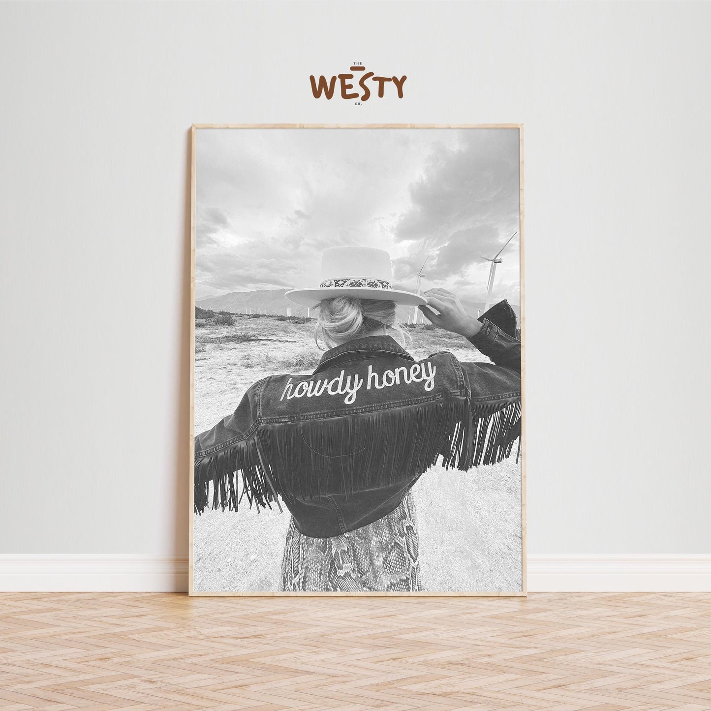Howdy Honey Western Poster – Black & White Cowgirl Wall Art with Fringe Denim Jacket