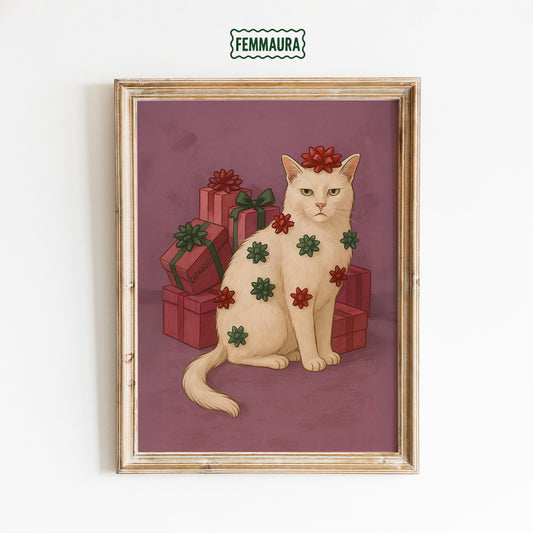 Christmas Cat Poster - Funny Cat Print With Retro Xmas Art & Cozy Holiday Decor