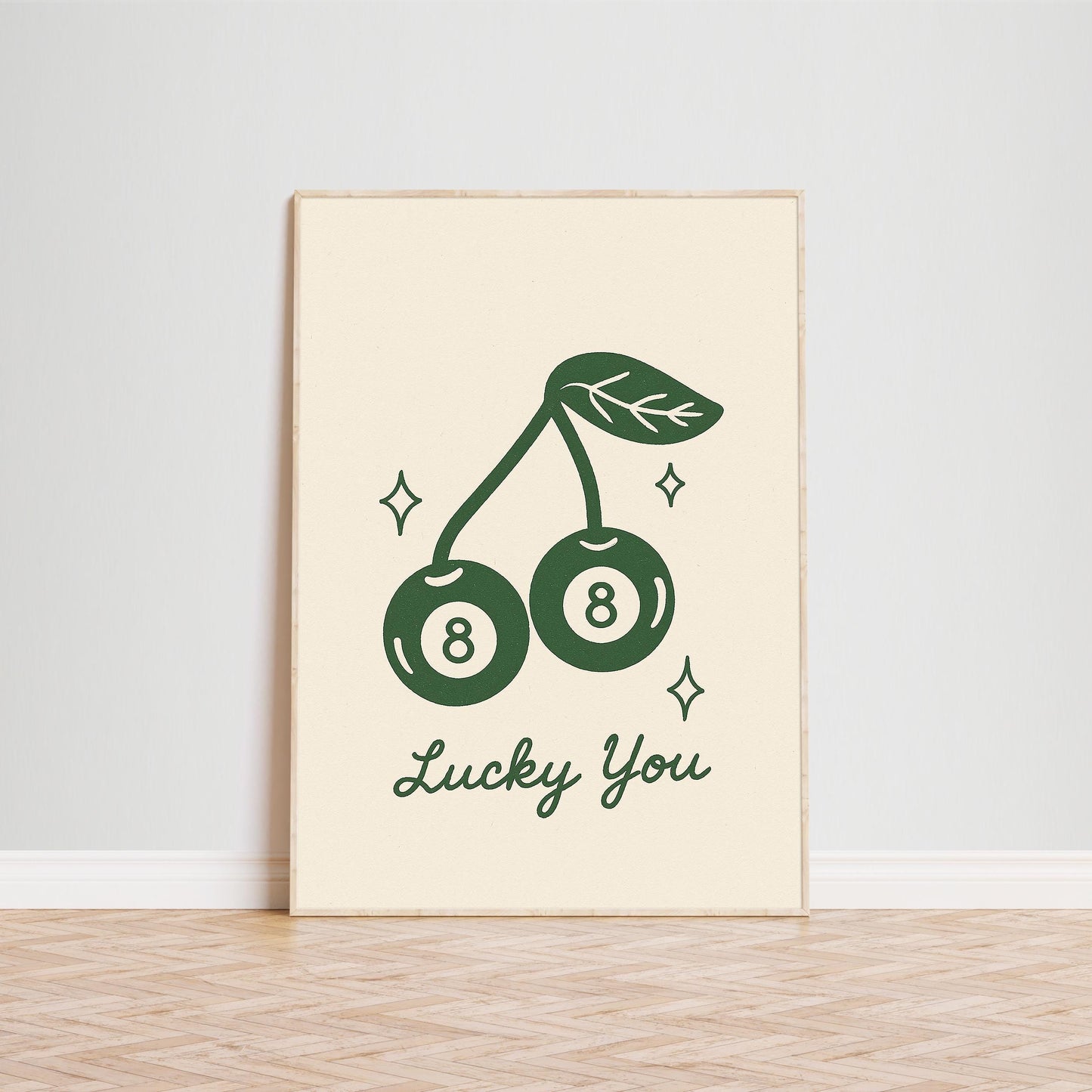 Lucky You Poster – Retro Cherry 8 Ball Minimal Line Art Print