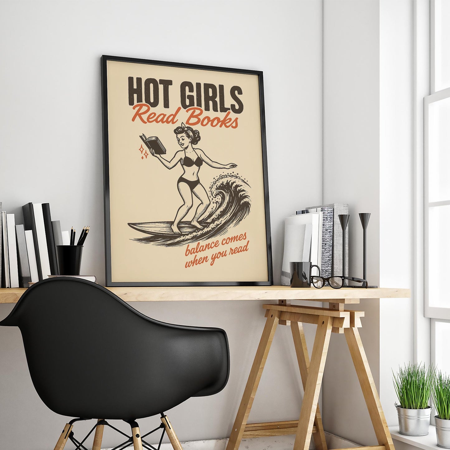 Hot Girls Read Books Poster – Retro Pin-Up Surf Art Print