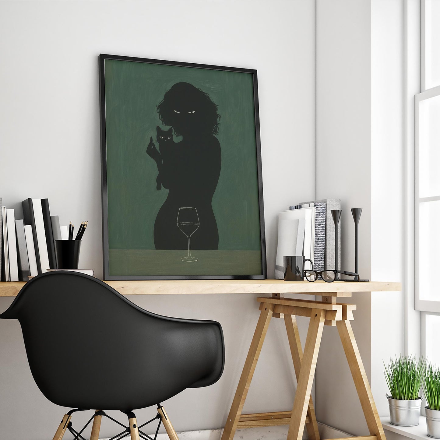 Dark Feminine Art – Moody Wall Print With Silhouette Woman And Black Cat