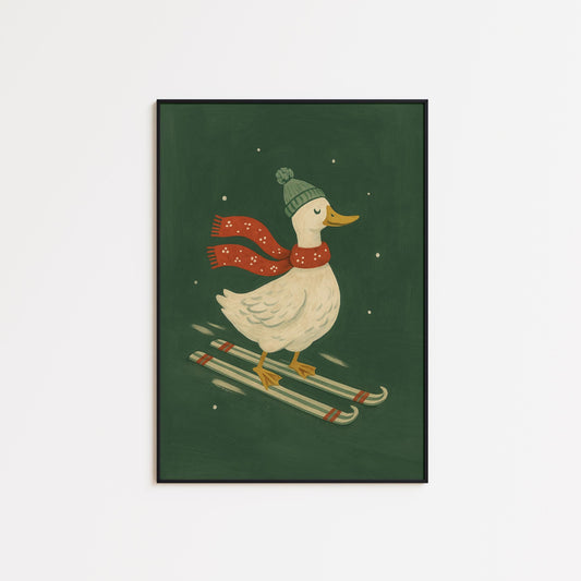Skiing Duck Poster – Retro Winter Art | Festive Holiday Wall Decor Print