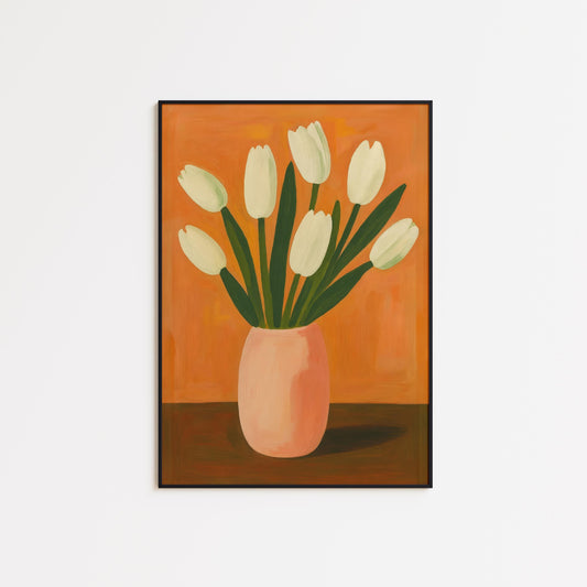 White Tulips Wall Art – Vintage Floral Print With Terracotta Vase Decor