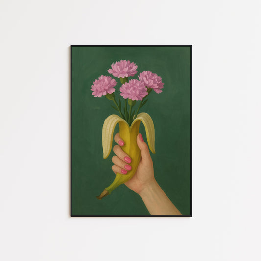 Banana Bouquet Art Print – Surreal Floral Pop Decor with Pink Flowers