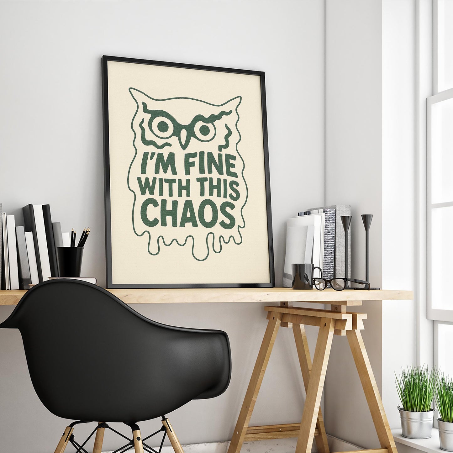 I’m Fine With This Chaos Poster – Funny Owl Wall Art, Retro Minimalist Quote Print