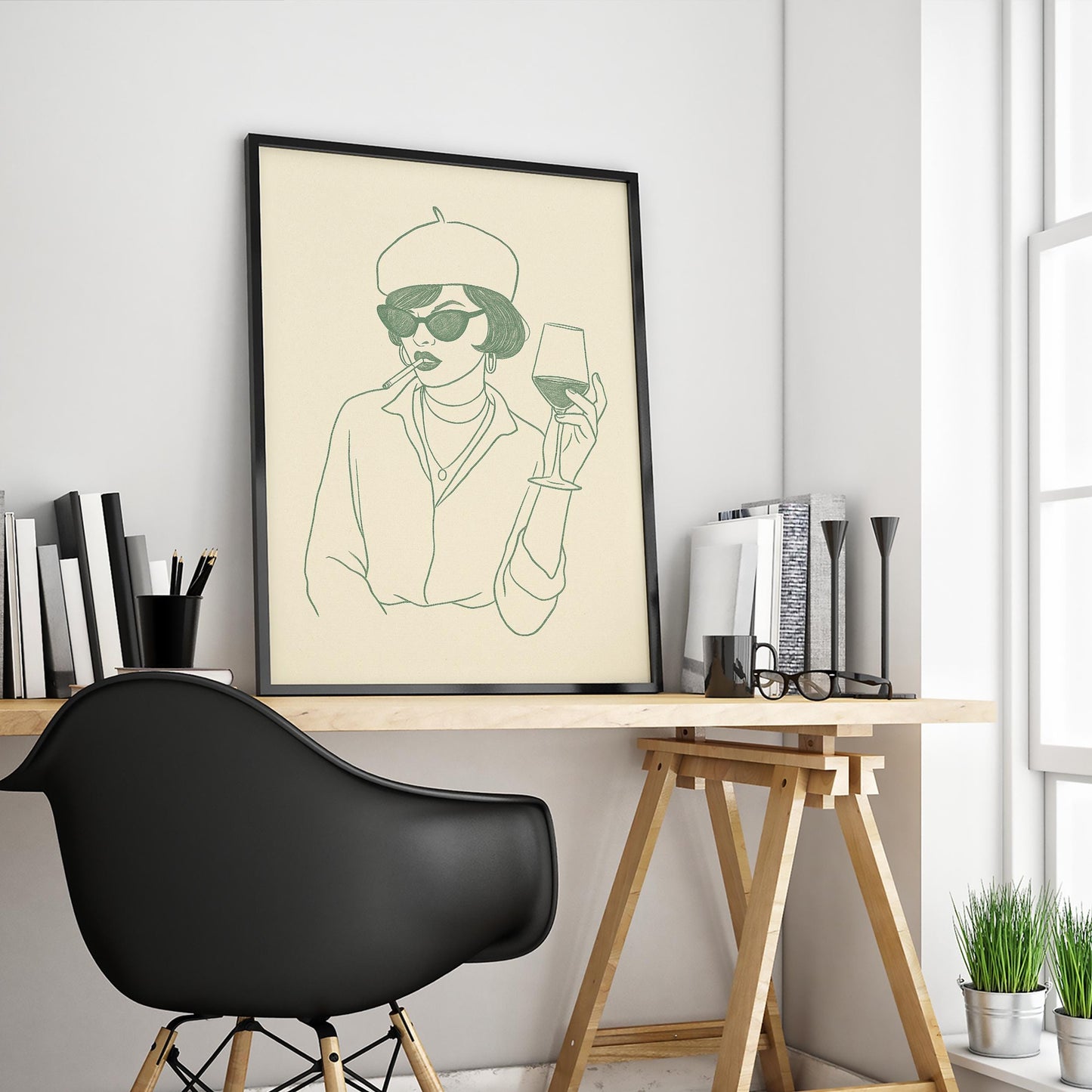 Parisian Mood Poster – Chic Woman with Wine Minimal Line Art