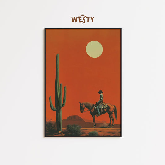 Cowboy and Cactus Poster – Western Desert Sunset Print