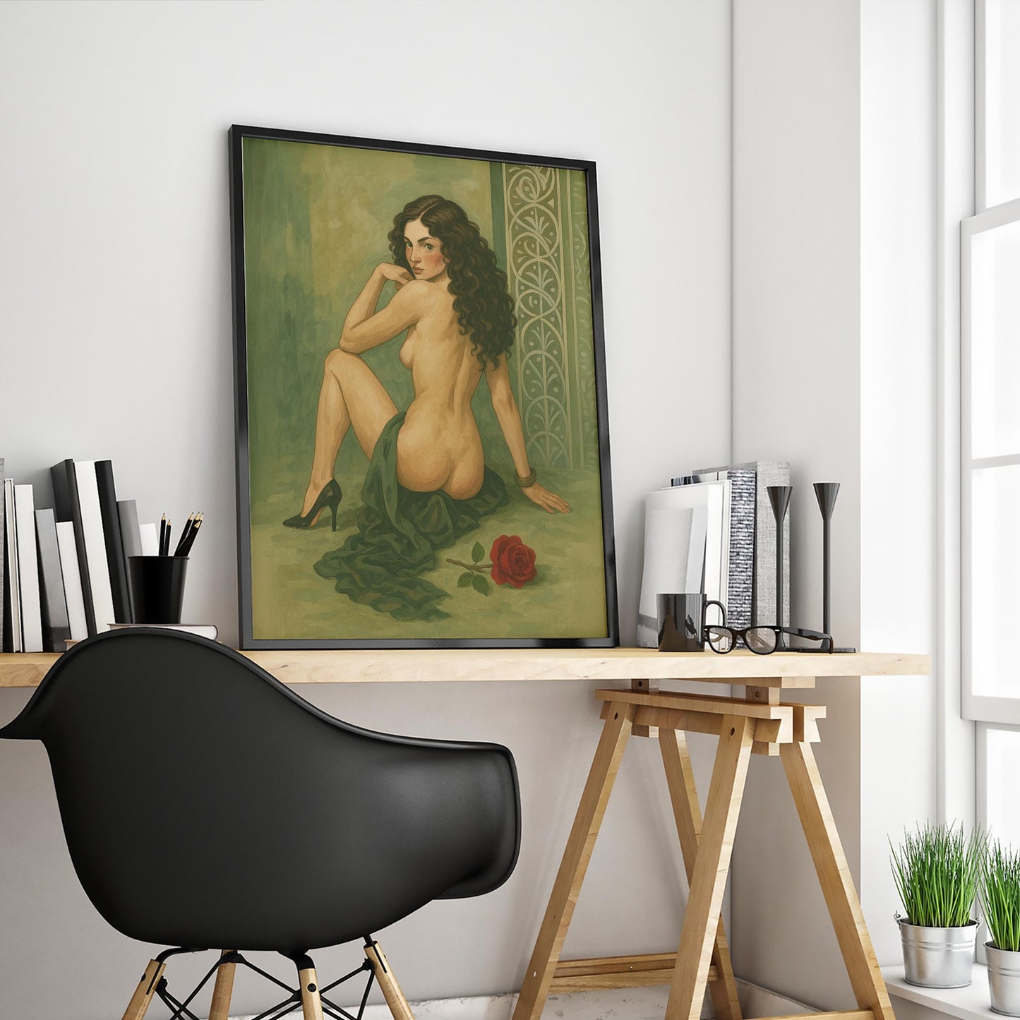 Vintage Nude Art Print – Sensual Woman Painting With Red Rose Illustration