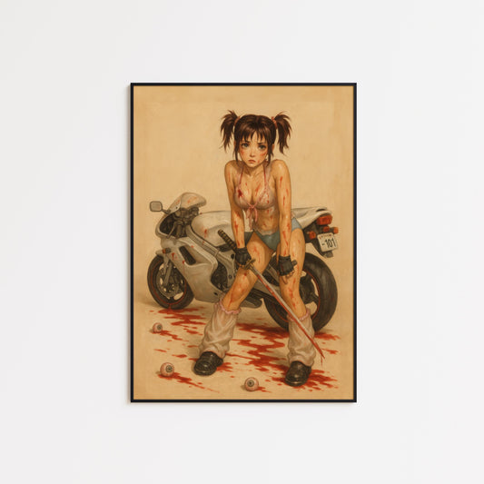 Anime Warrior Art Print – Bloody Biker Girl Femme Fatale Poster With Katana