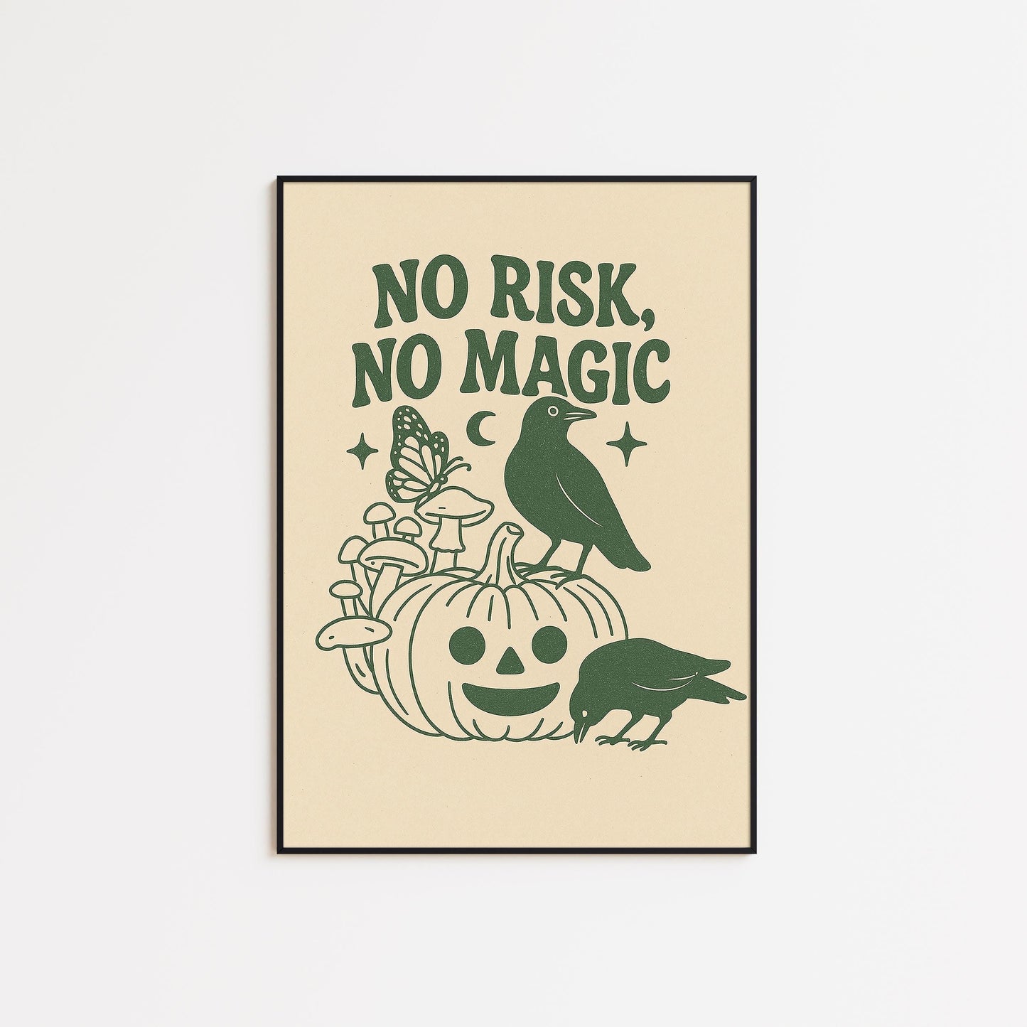 No Risk No Magic – Witchy Minimal Poster, Crow and Pumpkin Wall Art