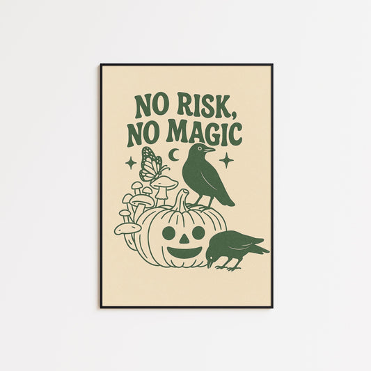 No Risk No Magic – Witchy Minimal Poster, Crow and Pumpkin Wall Art
