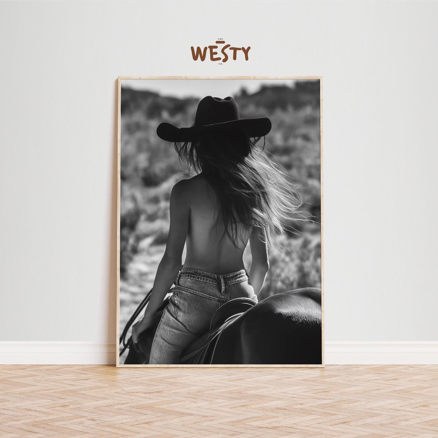 Topless Cowgirl on Horse – Black and White Western Wall Art