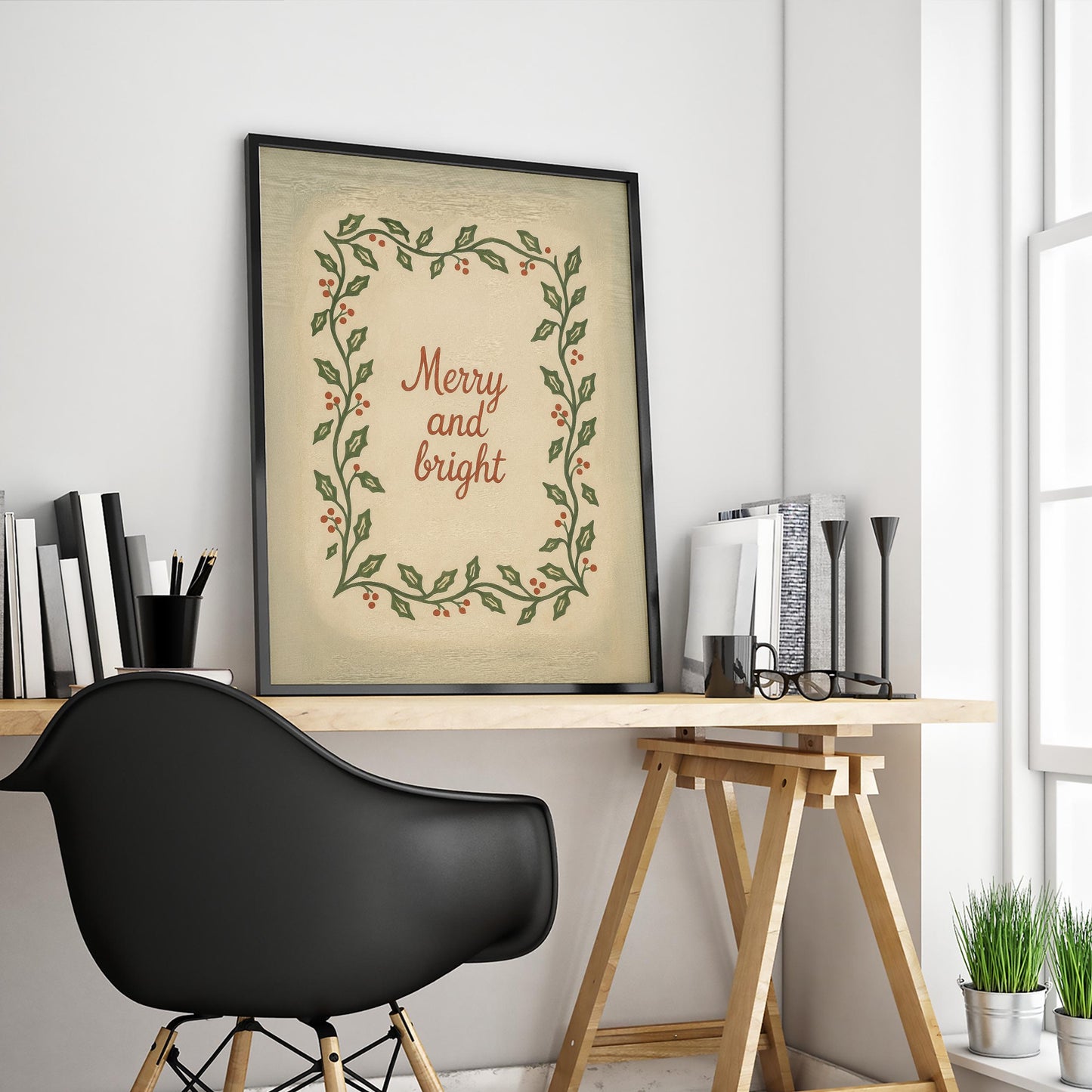 Vintage Christmas Wall Art – Merry Bright Poster With Hand Painted Wreath Print
