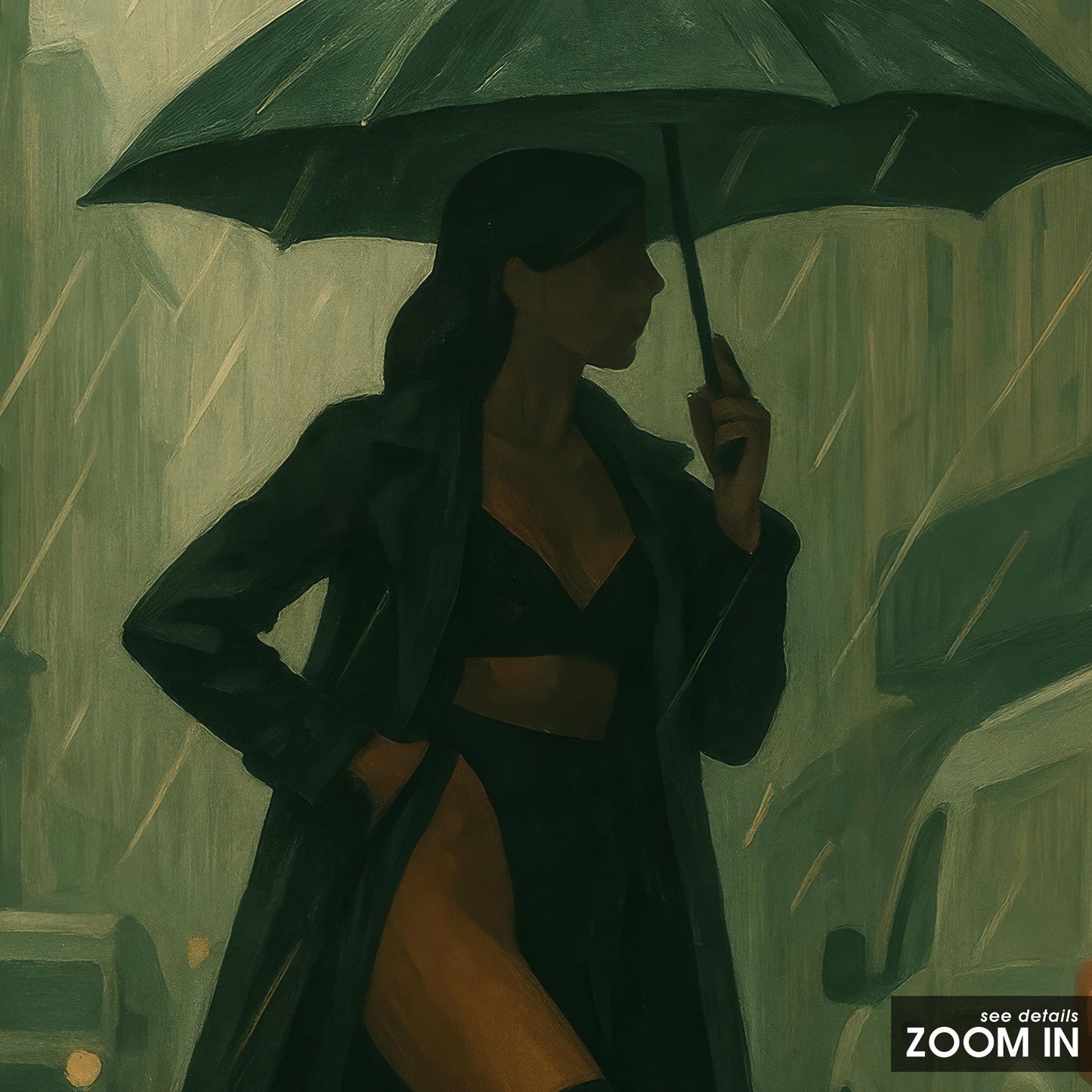 Noir Femme Fatale Art – Moody Urban Decor With Rainy City Artwork And Trench Coat Elegance