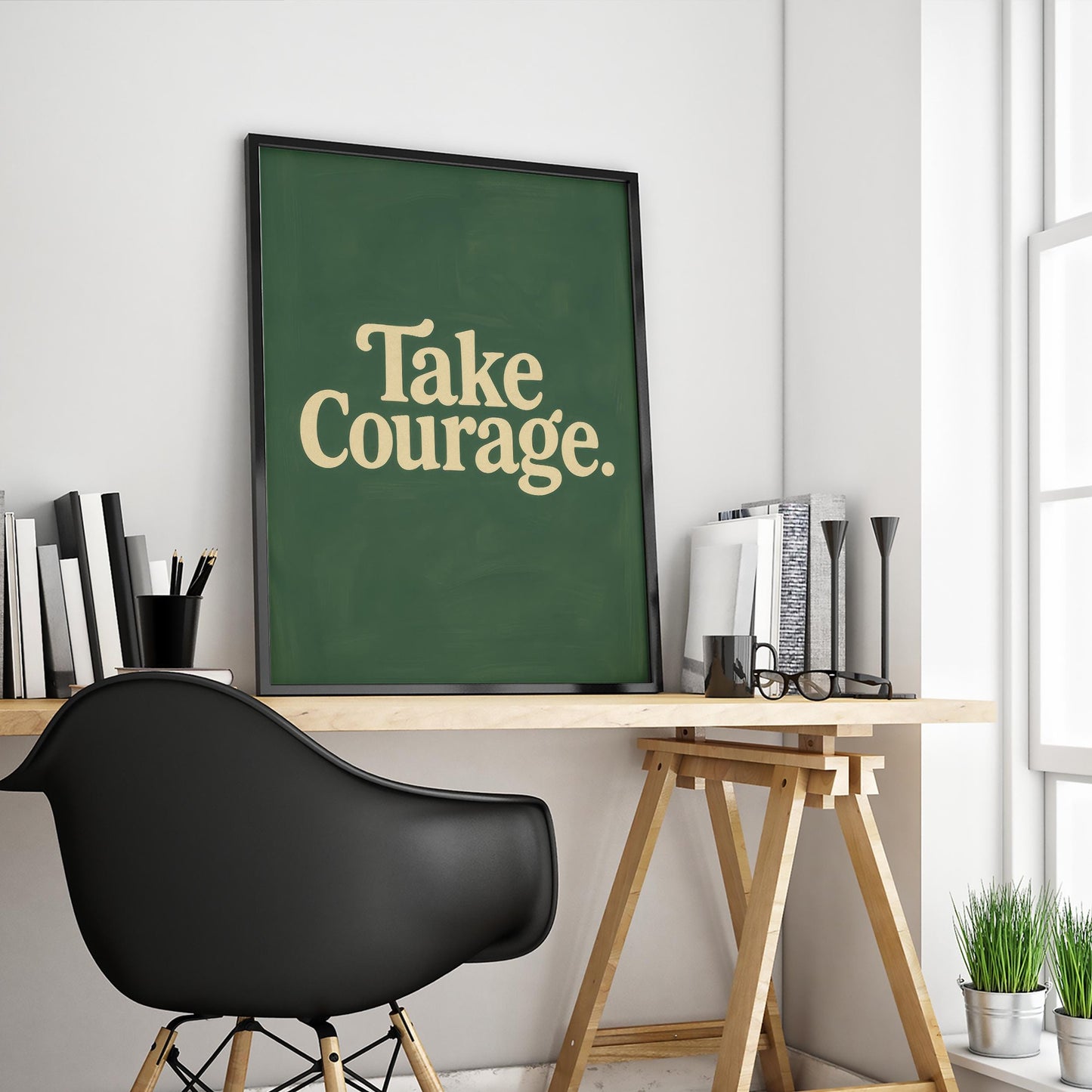 Motivational Wall Art – Take Courage Retro Typography Poster With Green Quote Print