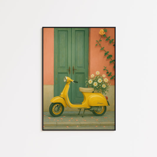 Yellow Vespa Poster – Retro Italian Decor | Vintage Street Art Print
