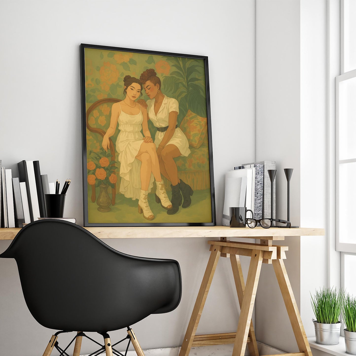 Lesbian Wall Art – Queer Couple Print With Feminine Vintage Floral Intimacy