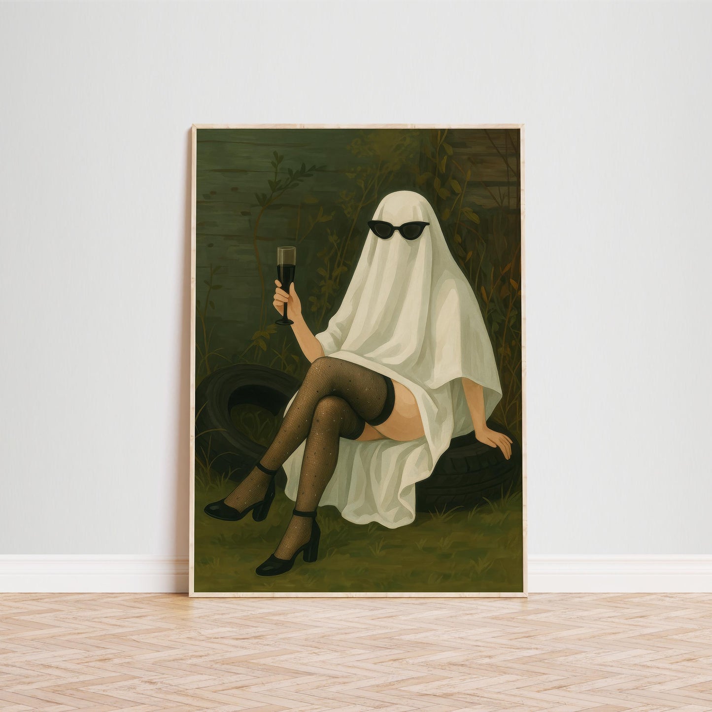 Gothic Glam Wall Art – Surreal Ghost Print With Champagne & Whimsical Decor