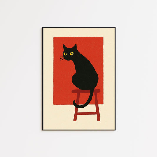 Modern Black Cat Poster – Bold Minimal Art Print, Red Abstract Wall Decor
