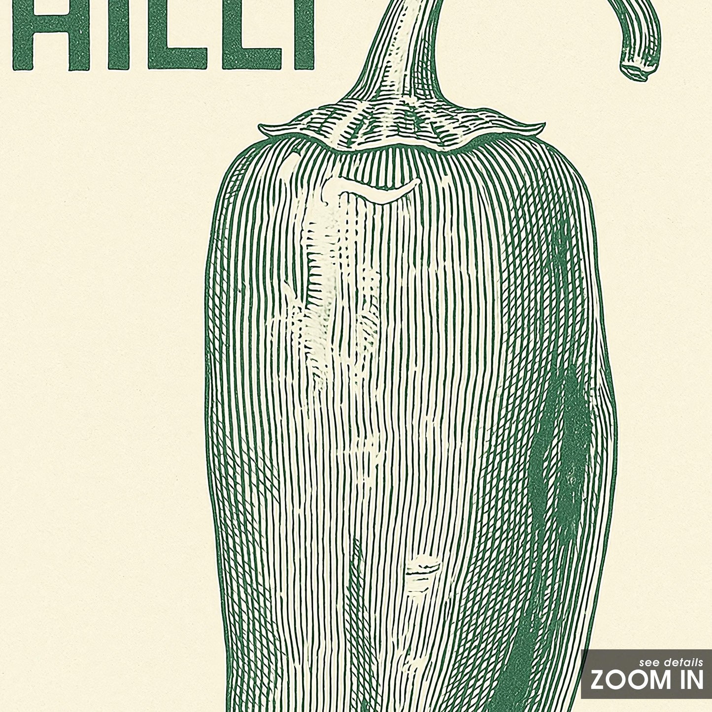 Chilli Poster – Vintage Green Pepper Print – Spicy Kitchen Wall Art – Retro Food Illustration