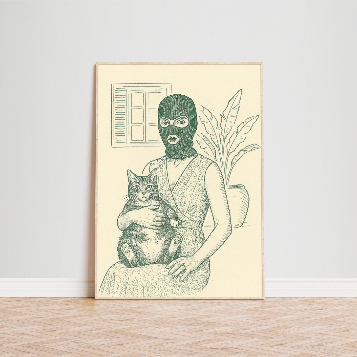 Masked Woman with Cat Poster – Surreal Line Art Print, Femmaura Bold Series