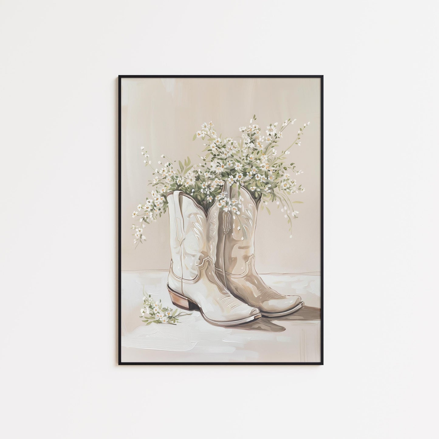 Neutral Cowgirl Boots with Daisies – Rustic Western Floral Art Print