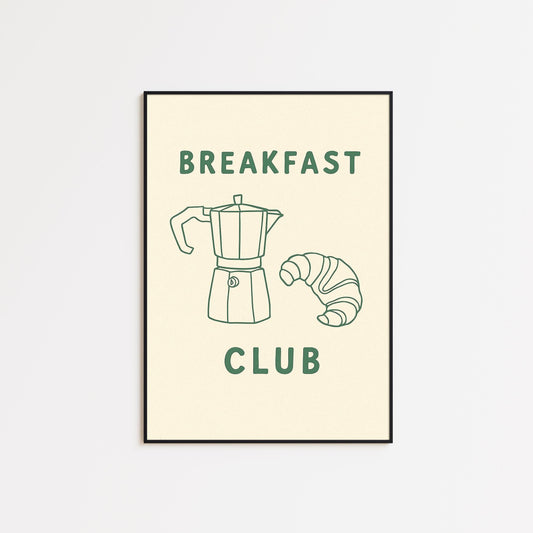 Breakfast Club Poster – Minimalist Kitchen Wall Art, Coffee and Croissant Print