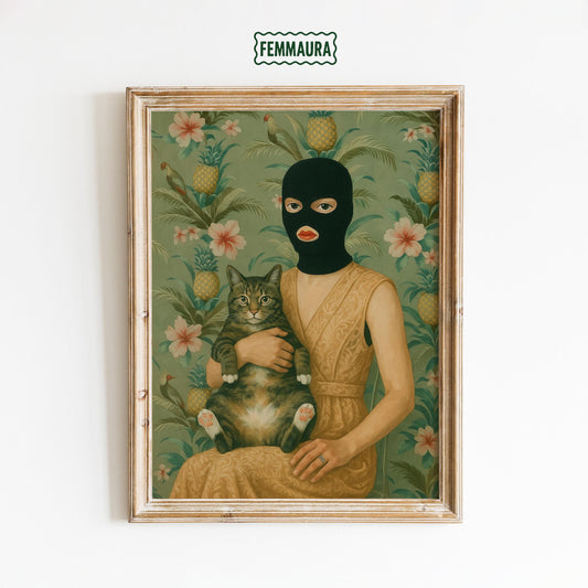 Masked Woman Poster – Surreal Wall Art With Cat, Vintage Gouache Print
