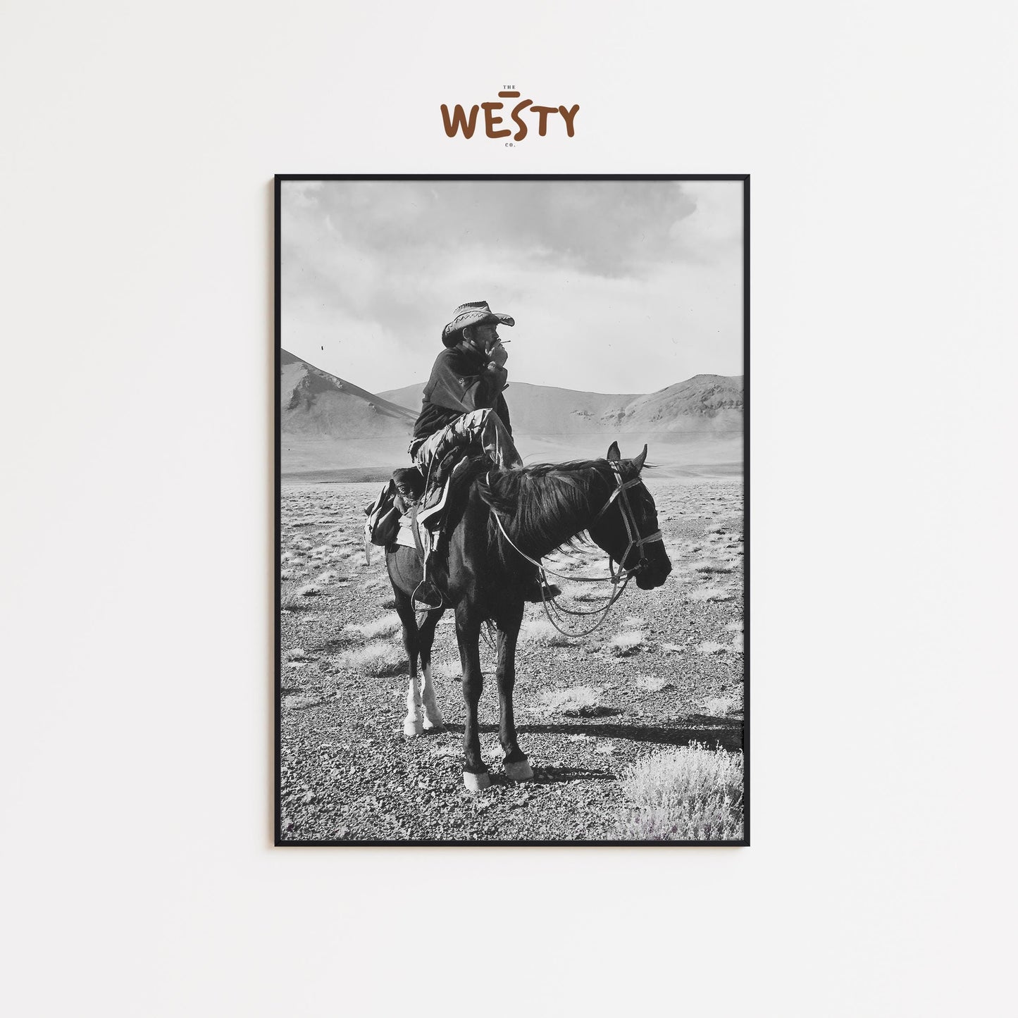 Solitary Cowboy on Horseback – Black and White Western Landscape Poster