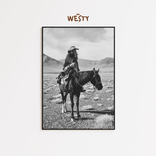 Solitary Cowboy on Horseback – Black and White Western Landscape Poster