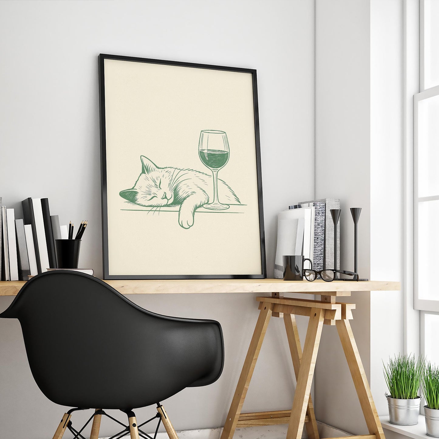 Cat and Wine Poster – Funny Minimalist Line Art, Cozy Retro Wall Art for Home