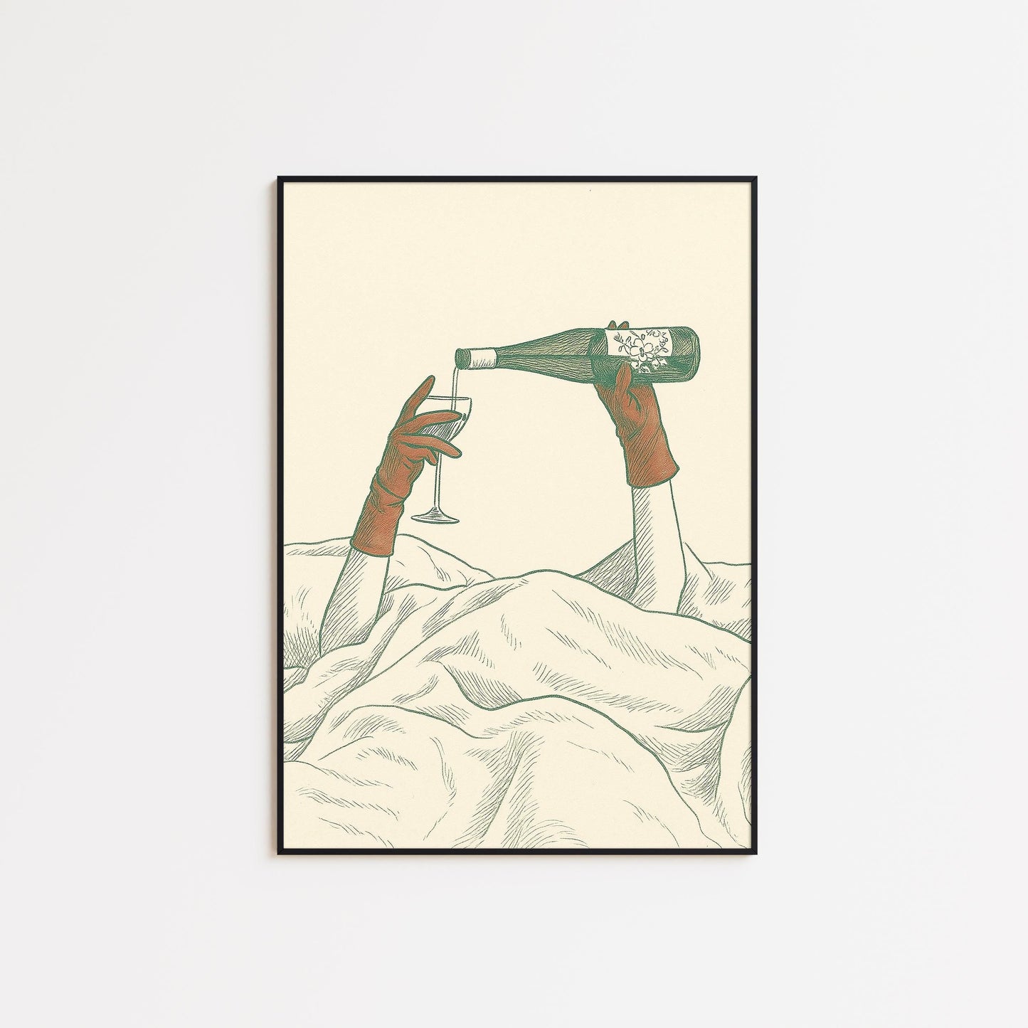 Wine in Bed Poster – Minimal Surreal Line Art Print, Femmaura Bold Series