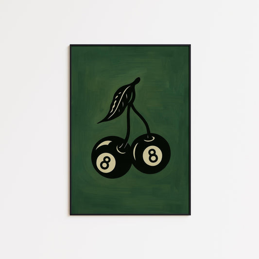 8 Ball Cherry Poster – Retro Wall Art | Bold Green Game Room Decor