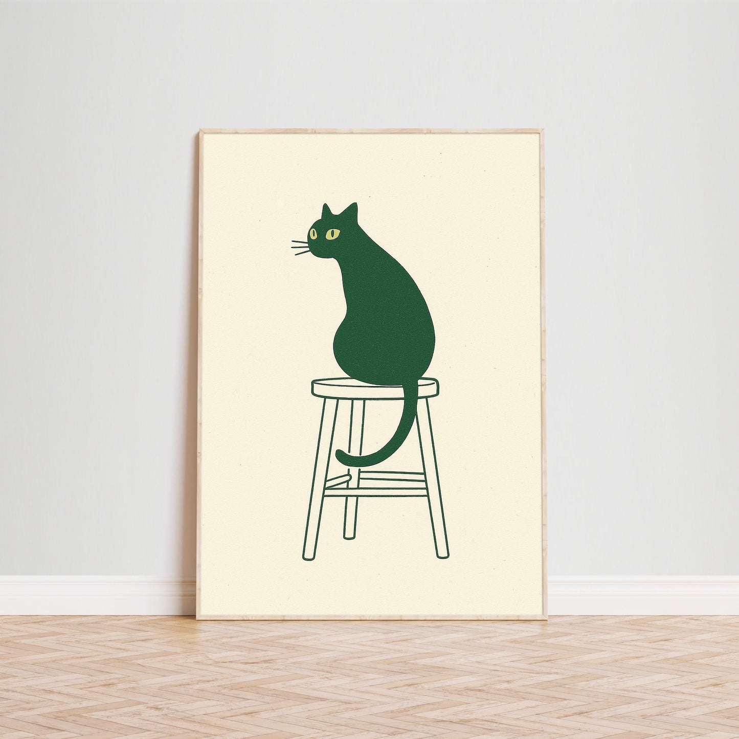 Minimal Cat on Stool – Scandinavian Line Art Poster, Cozy Neutral Wall Print