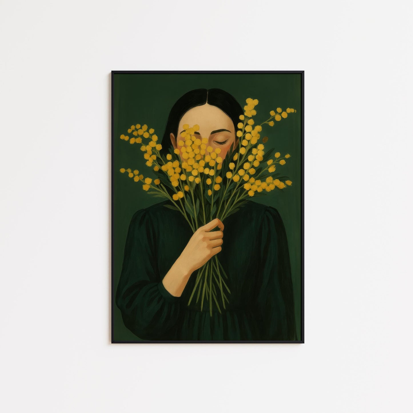 Minimal Floral Poster – Girl With Mimosa, Moody Green Yellow Print, Quiet Feminine Decor