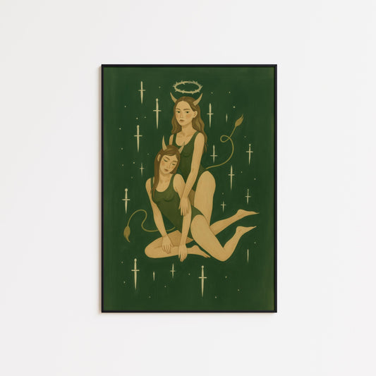 Feminine Gothic Wall Art – Dark Fantasy Print | Green Minimalist Poster