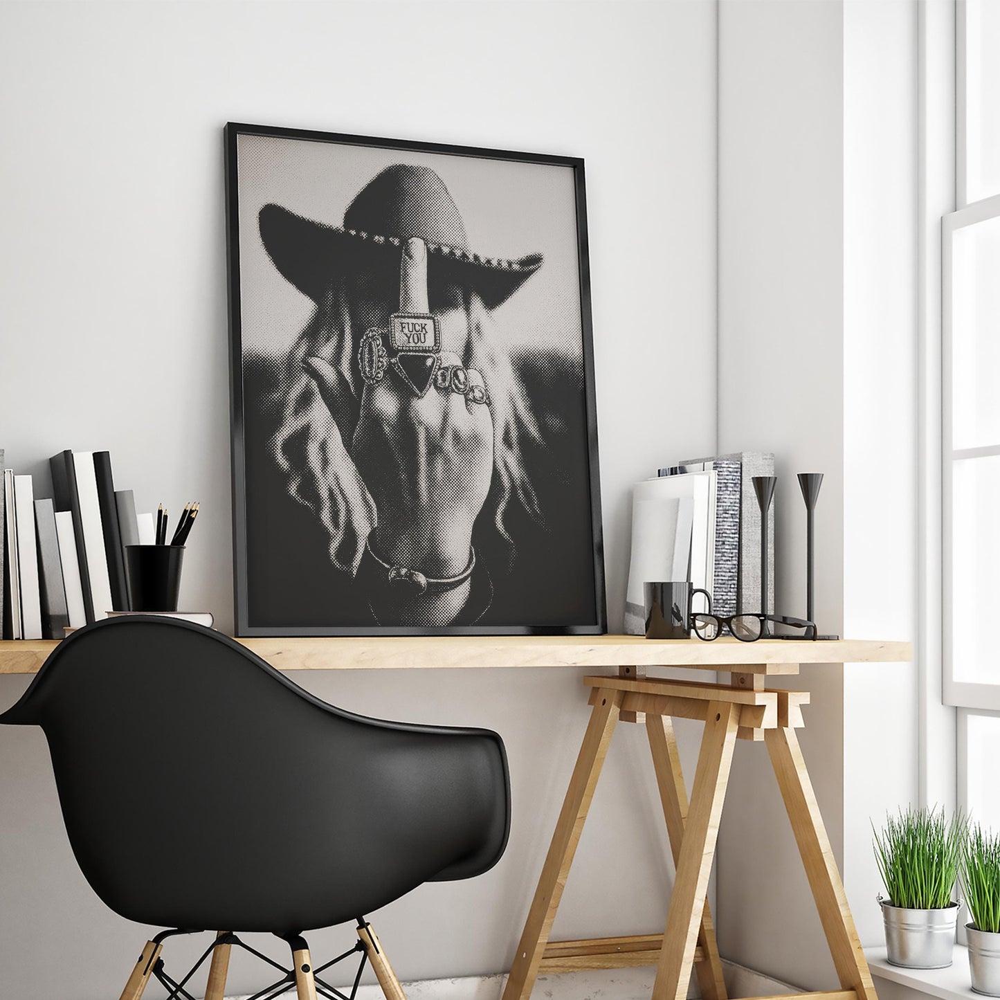 Rebel Cowgirl Finger Poster – Black and White Western Attitude Print