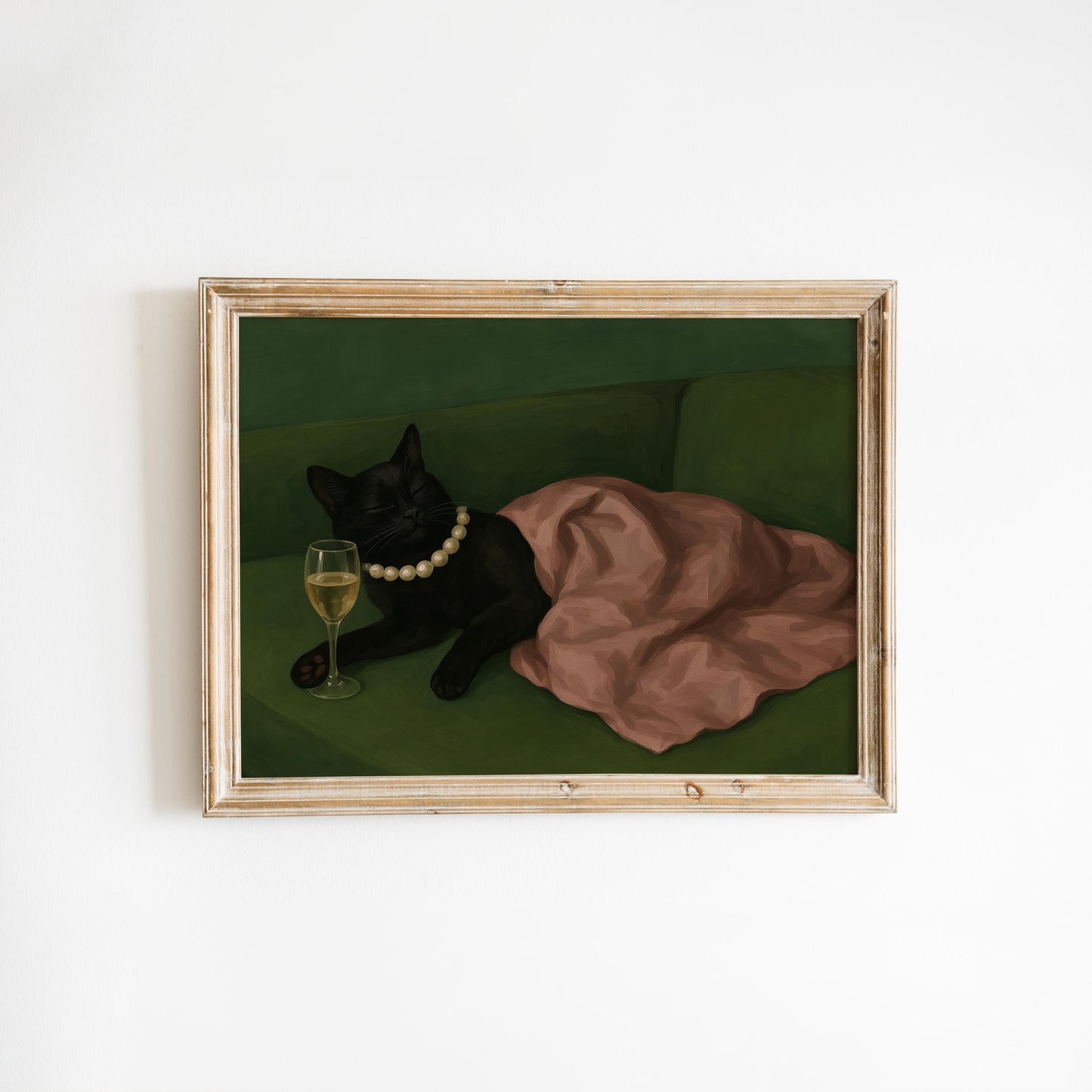 Black Cat Poster – Cozy Cat Art with Champagne & Pearl Elegant Wall Art