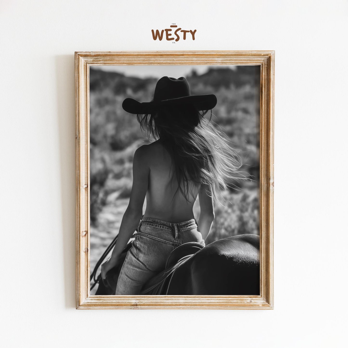 Topless Cowgirl on Horse – Black and White Western Wall Art