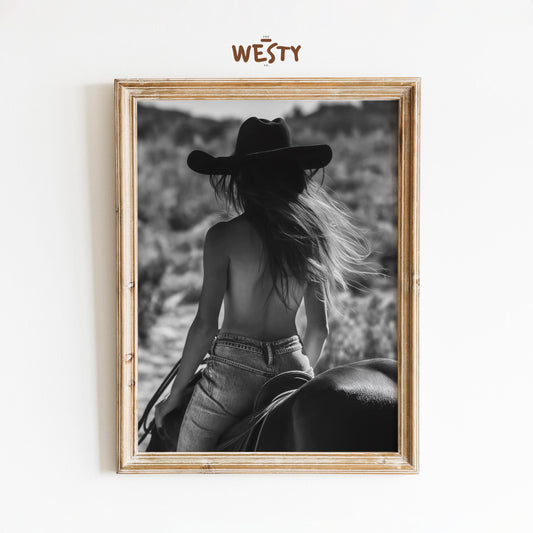 Topless Cowgirl on Horse – Black and White Western Wall Art