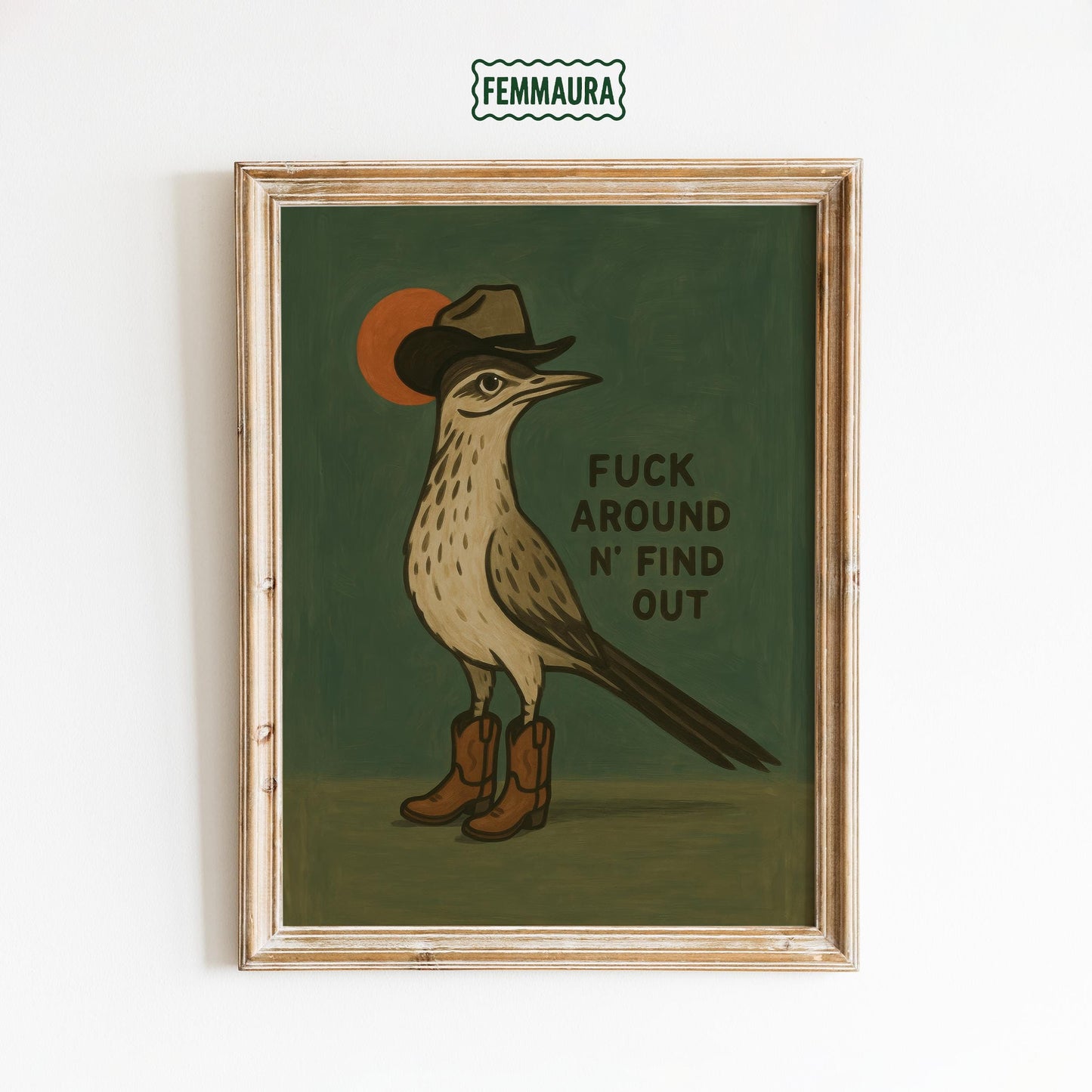Cowboy Bird Poster – Rustic Western Wall Art With Cheeky Cowboy Boots Decor