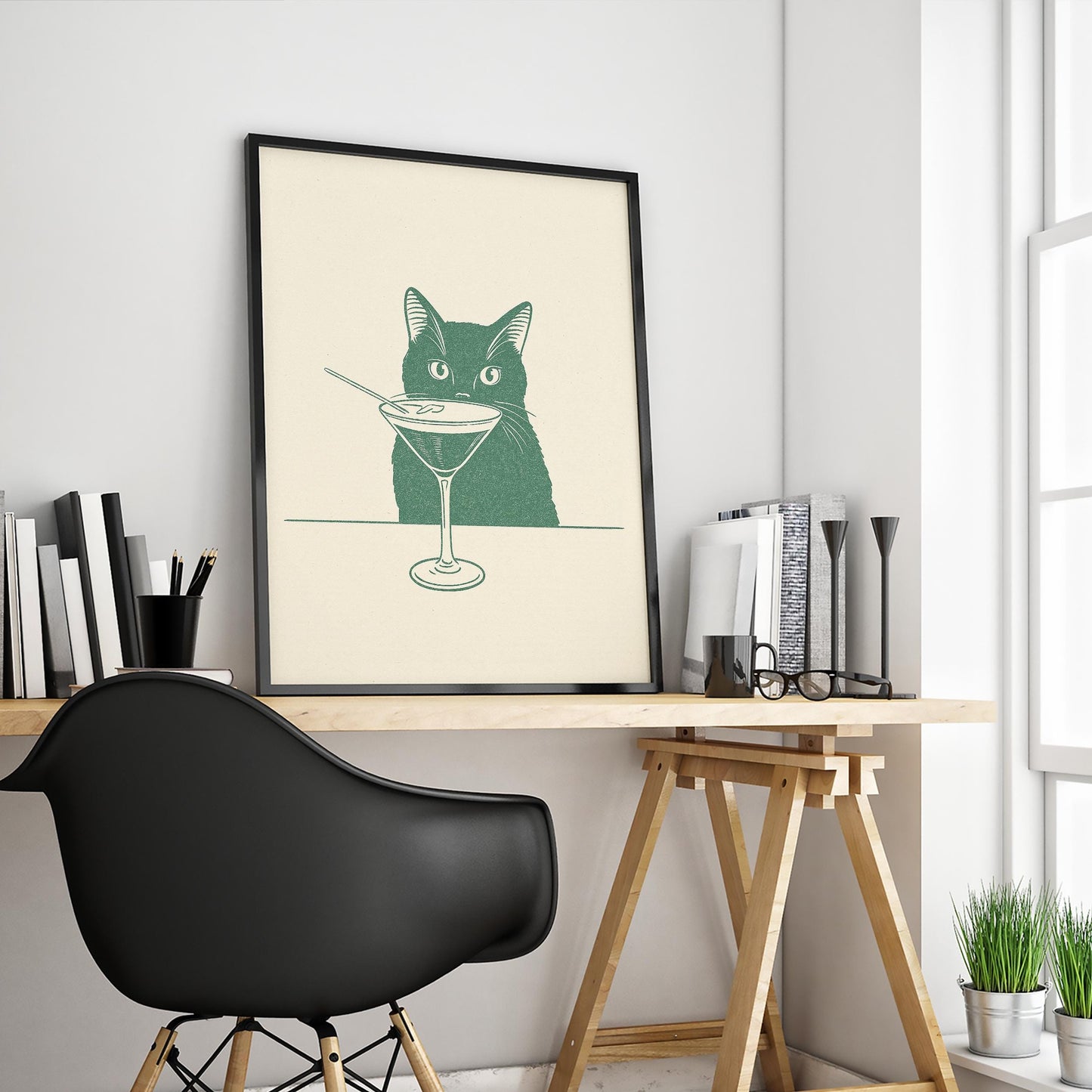 Cat Martini Poster – Retro Bar Art | Minimalist Vintage Cat Print