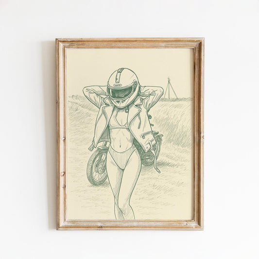 Biker Girl Line Art Poster – Feminine Strength Wall Art, Vintage Motorcycle Illustration