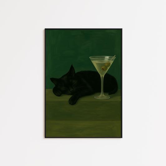 Black Cat Martini Poster – Retro Bar Wall Art With Playful Elegance Print