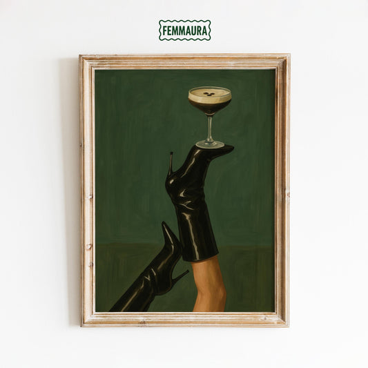 Feminine Moody Poster – Espresso Martini Art | Bold High Heel Print & Stylish Glam Decor
