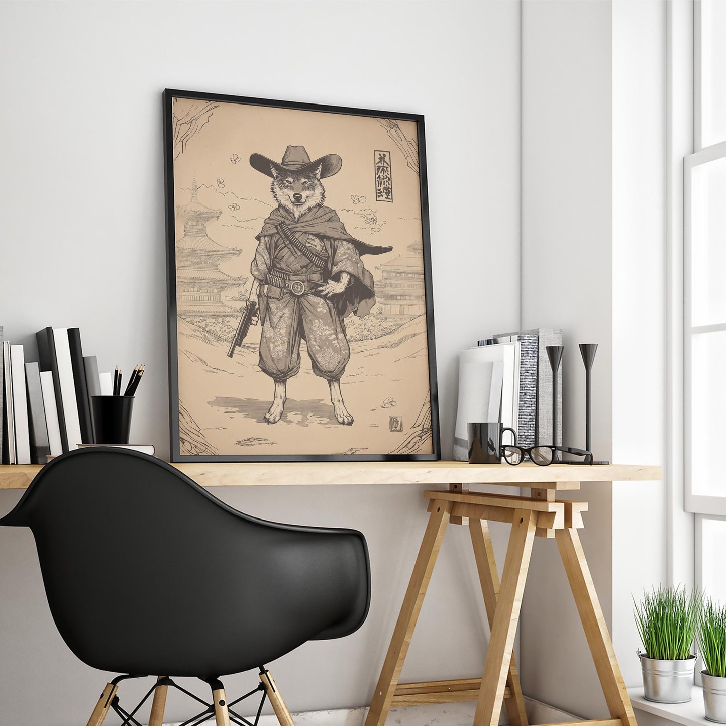 Wolf Gunslinger Samurai Poster – Sepia East-West Fusion Wall Art