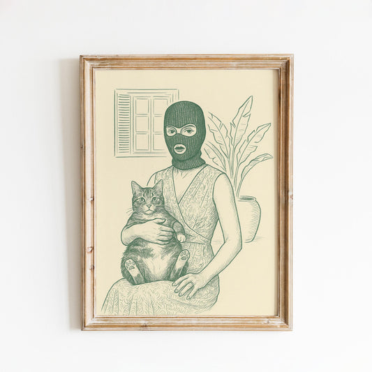 Masked Woman with Cat Poster – Surreal Line Art Print, Femmaura Bold Series